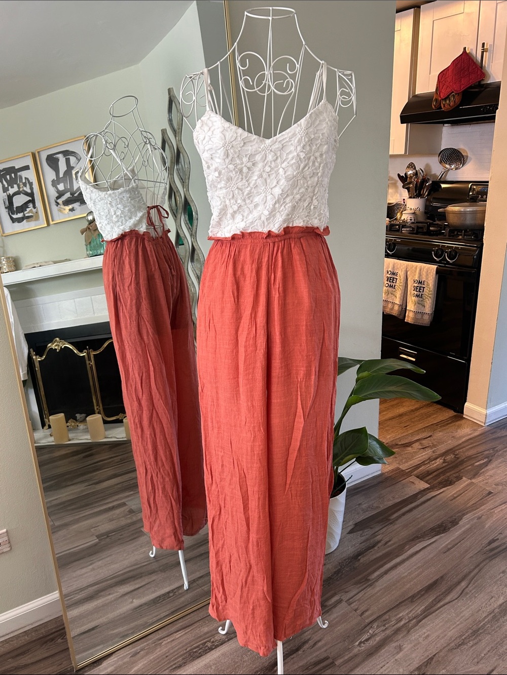 Rue21 White Lace Crop Top with Coral Wide-Leg Jumpsuit